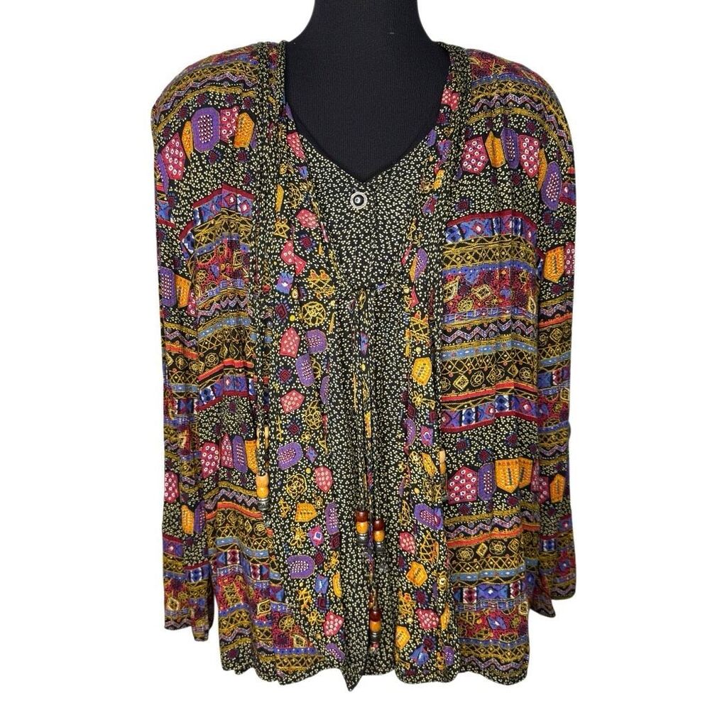Vintage First Option Petite 2 Piece Vest Jacket Set Boho Geometric Art Print